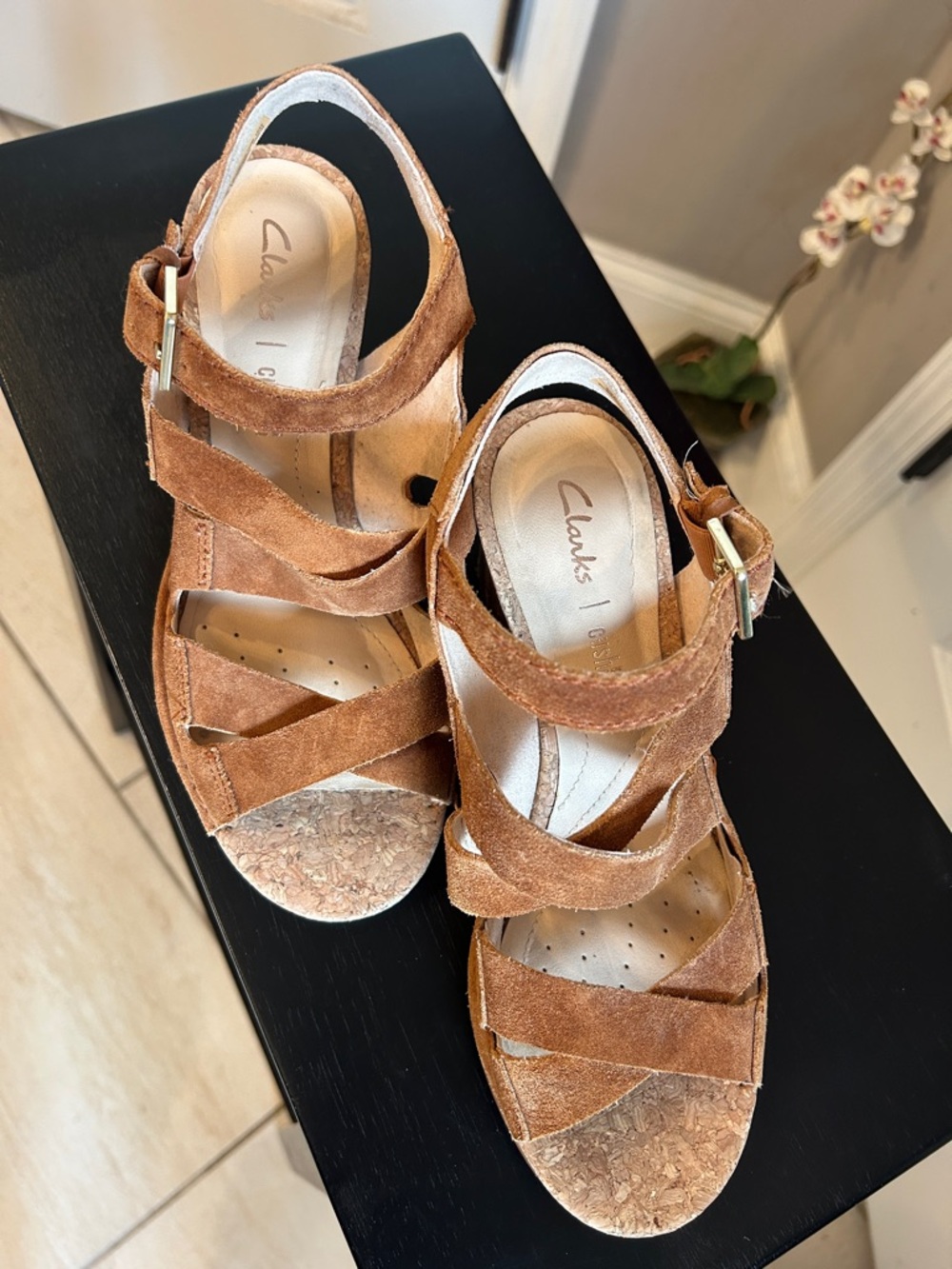 Clarks Brown Suede Cork Wedge Sandals